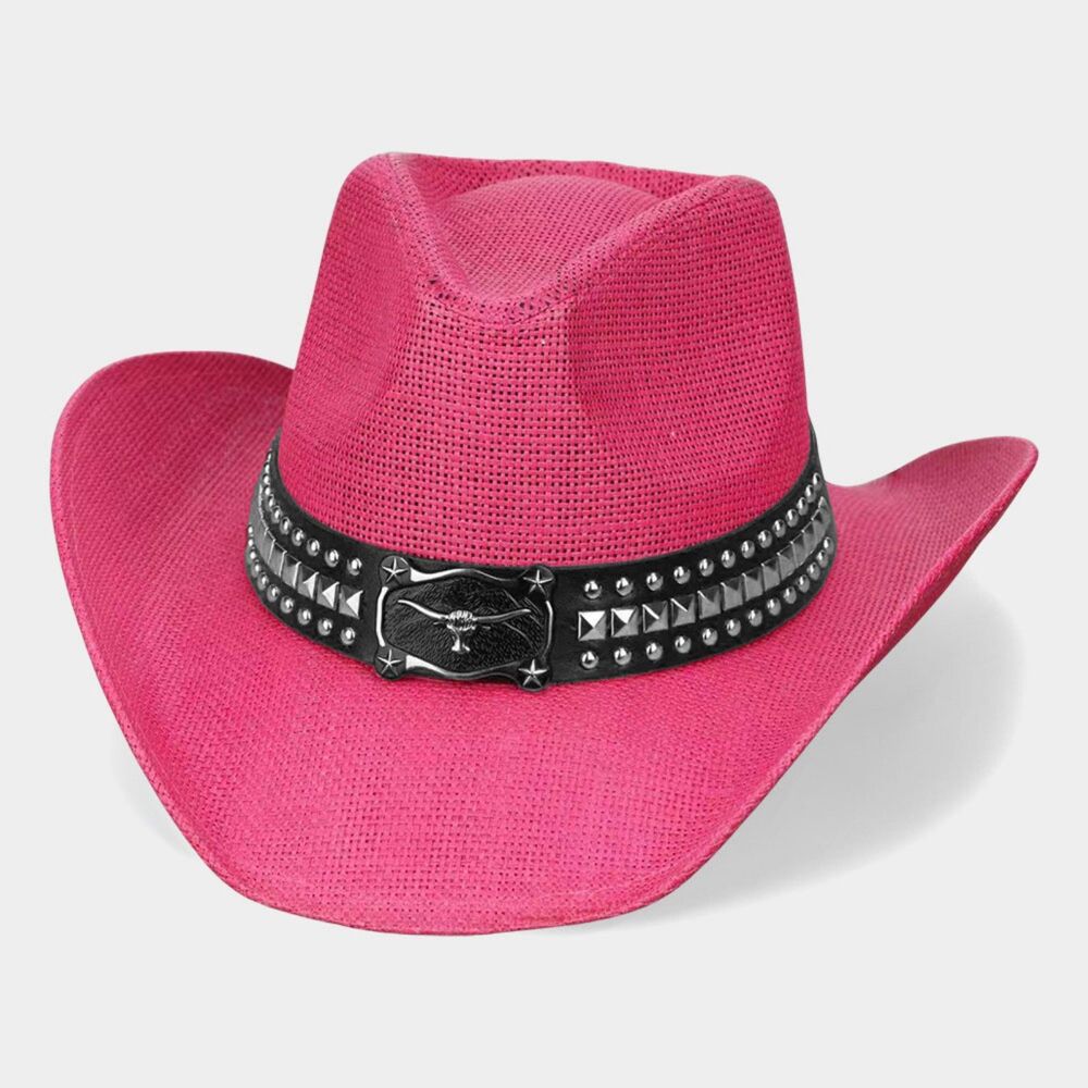 Hot Pink Western Studded Steer Head Straw Cowboy Hat Womens Statement Accessory